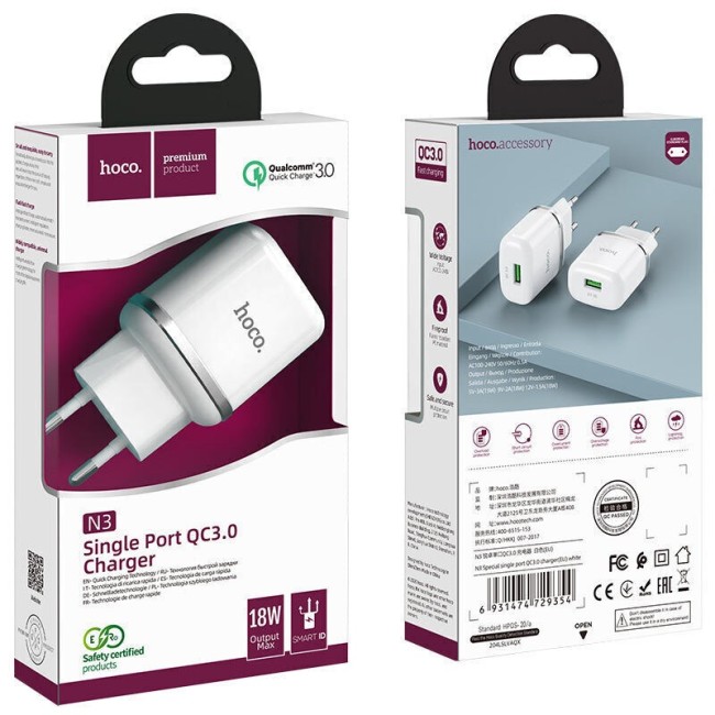 Сетевое зар. устр. Hoco N3 1USB QC3.0 3A 18W белое