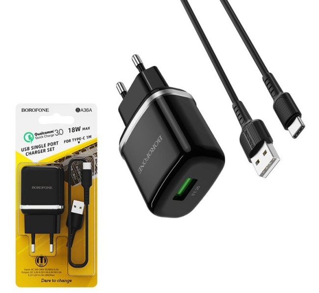 Сетевое зар. устр. Borofone BA36A 1USB 3,0A черное