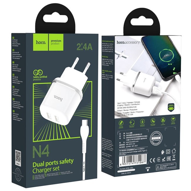 Сетевое зар. устр. Hoco N4 с шнуром Type-С 2USB 2.4A белое