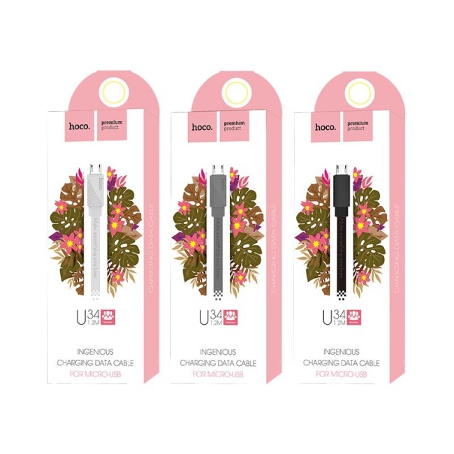 Usb Кабель-зарядка Micro Hoco U34 Ingenious 2.4A 1.2м плоский силиконовый белый