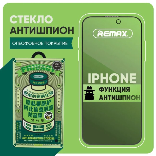 Защитное стекло Антишпион для iPhone 14 Pro Remax GL черное