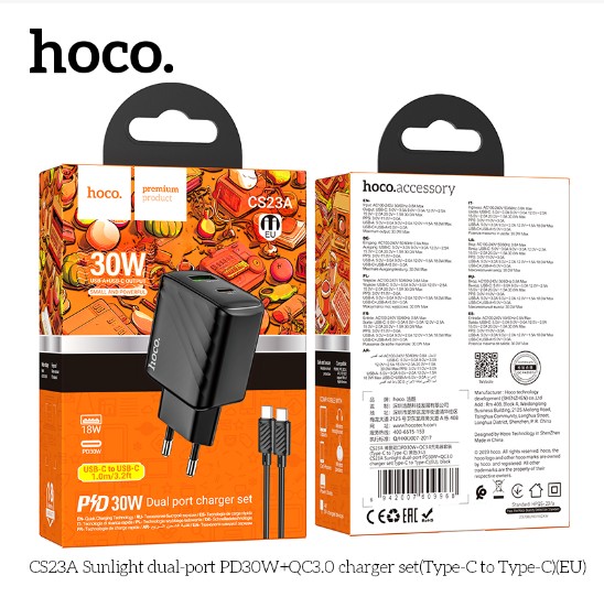 Сетевое зар. устр. Hoco CS23A с шнуром Type-C на Type-C 1USB/1C 30W черный