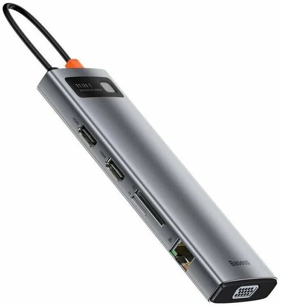 USB-C хаб Baseus Metal Gleam 11в1 3USB/2HDMI/USB-C/MicroSD/TF/RJ45/VGA/AUX (CAHUB-CT0G) серый