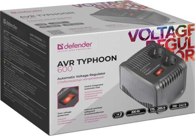 Стабилизатор напряжения Defender AVR Typhoon 600 200Вт черный