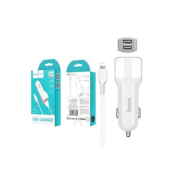 Автомобильное заряд. устр. Hoco Z1 с шнуром Lightning 2USB 2.4A белое