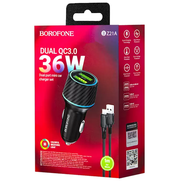 Автомобильное заряд. устр. Borofone BZ21A 2USB 3А QC3.0 36W черное