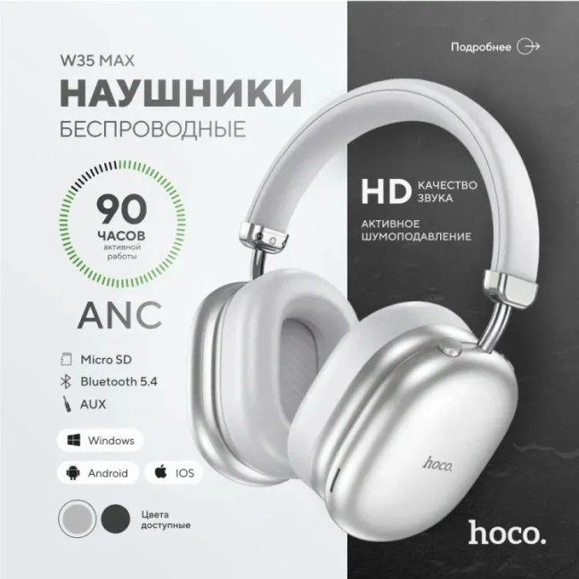 Стереонаушники Bluetooth полноразмерные Hoco W35 Max V5.3/45ч серебристые